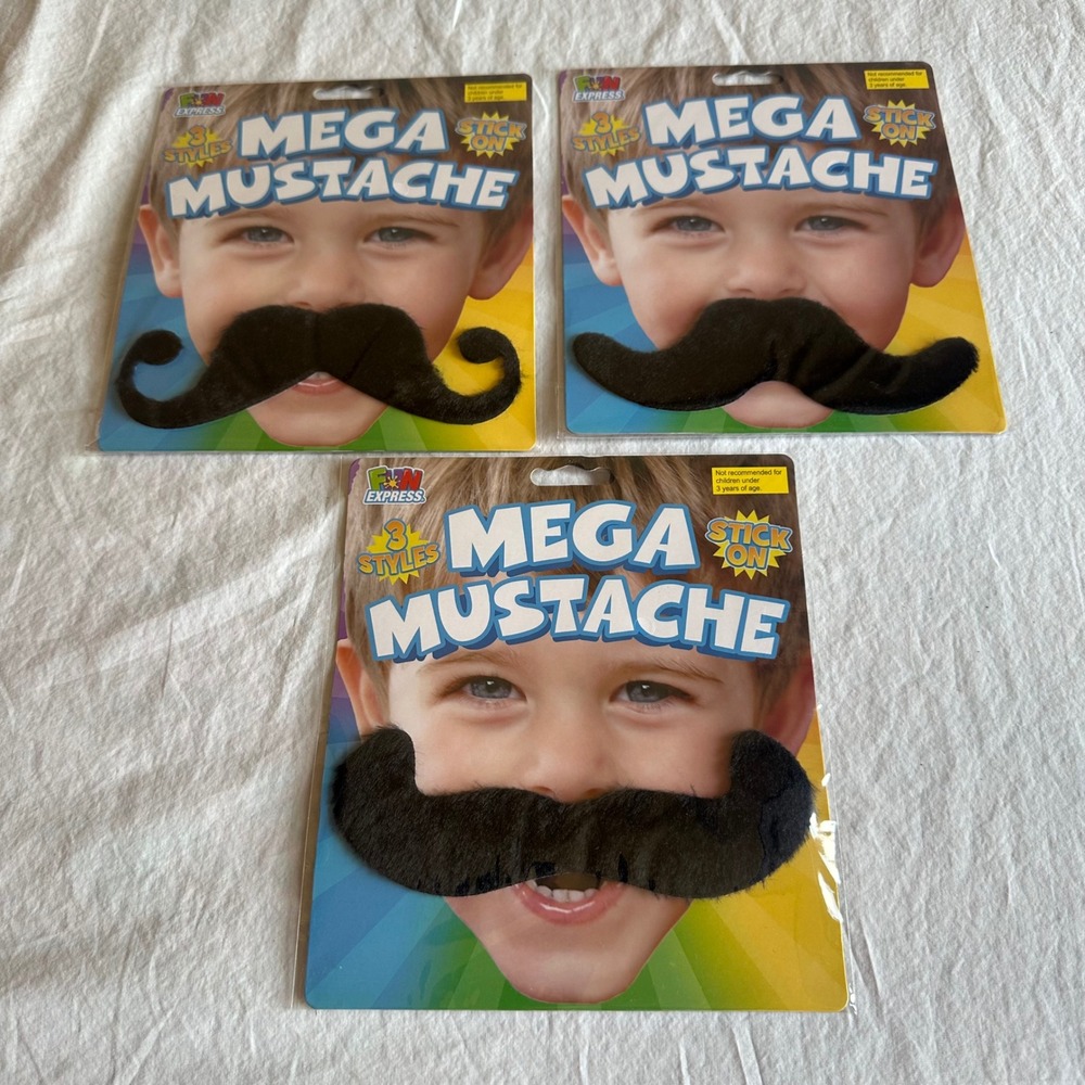 Fun Express Mega Mustache 3 Styles Stick On Costume Facial Hair Black Halloween